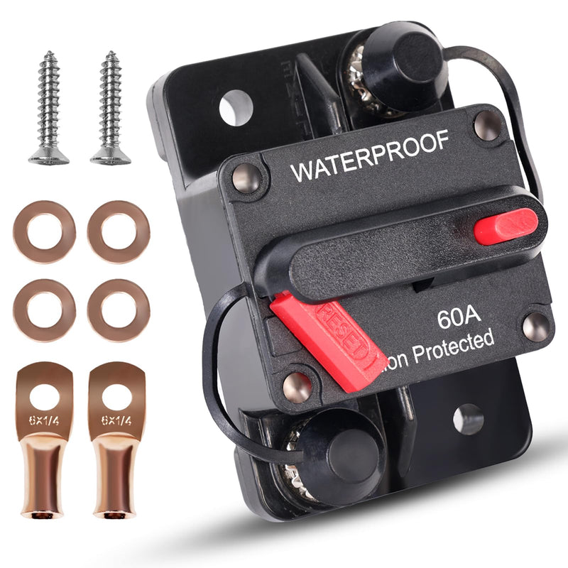 60 Amp Circuit Breaker with Manual Reset Waterproof Inline Fuse Inverter for Marine Trolling Motors Boat ATV Manual Power, Suface Mount, 12V-48V DC 60A+Terminal