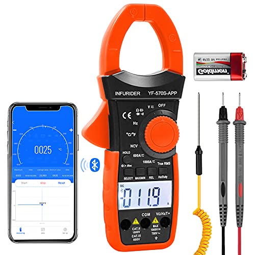 Digital AC/DC Volt Amp Clamp Meter,Wireless Bluetooth Auto Ranging 1000A Ammeter Clamp Multimeter for Voltage,Current,Ohm,Cap,Temperature Tester 2.YF-570S-APP AC DC Current Clamp with BT