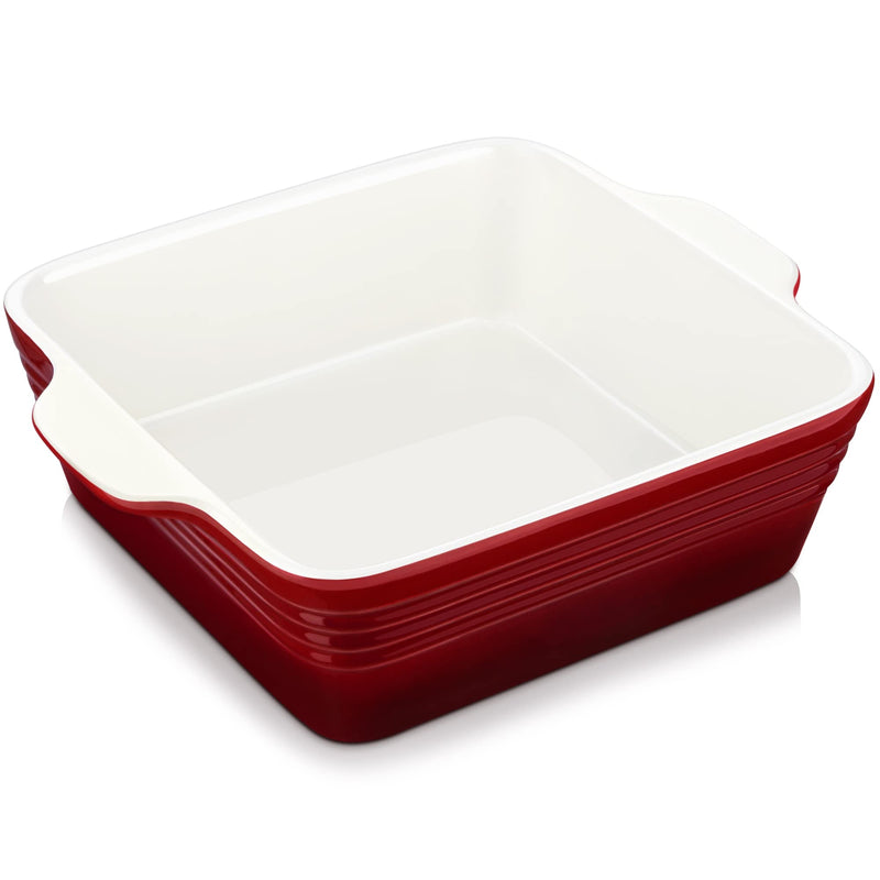 LOVECASA 8x8 inch Baking Pan, 2 Quart Square Cake Pan Baking Dish for Oven, Stoneware Brownie Pan Non-Stick, Casserole Baking Pan with Handle,Ceramic Bread Pans for Baking, Red Square/Red