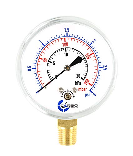 Diaphragm Low Pressure Capsule Gauge, 2-1/2" Dial, 3 PSI Range, 1/4" NPT Lower Mount, Chrome Steel Case, Brass Internals, Adjustable, Scales 3 PSI / 20 kPa / 200 mBar