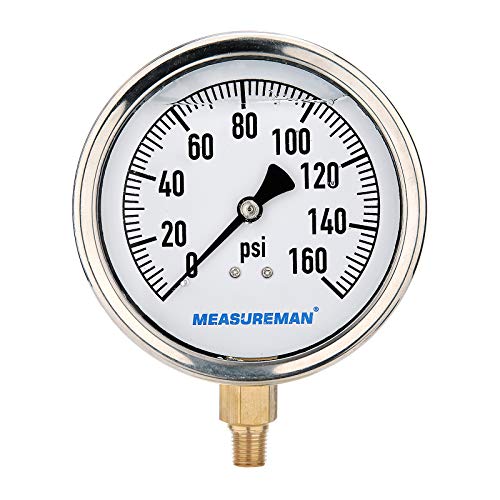 MEASUREMAN 4" Dial Size, Glycerin Filled Plumbing Pressure Gauge, 0-160psi, Stainless Steel Case, 1/4" NPT Lower Mount