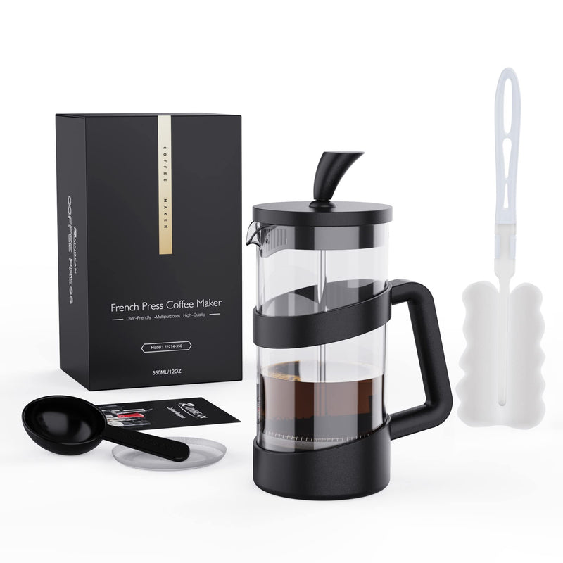 RAINBEAN Mini French Press Coffee Maker, 12 oz, Camping Coffee Press Pot, Small French Press, Tea and Frothed Milk Press (Black, 12 oz) Black 355 ml