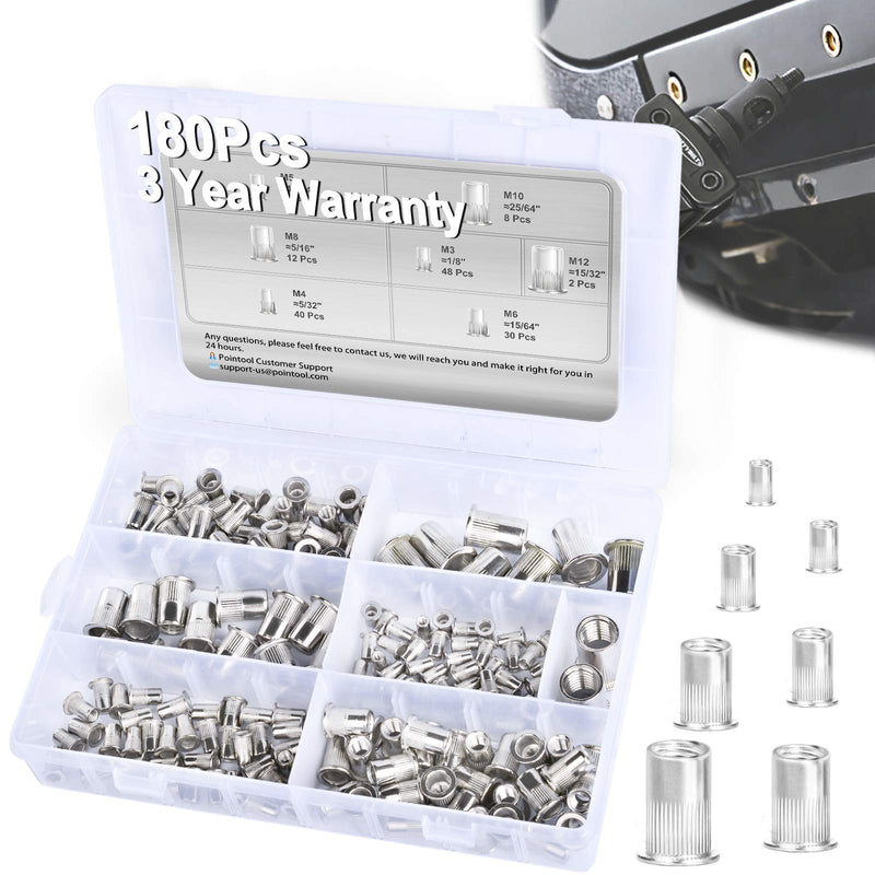 Rivet Nuts-180pcs Nutsert Kit Metric Rivnuts Nut Sert Kits, Metric Rivet Nut Kit, Nutsert Assortment Stainless Steel Threaded Insert |M3|M4|M5|M6|M8|M10|M12| Multi-size Stainless Steel|Metric