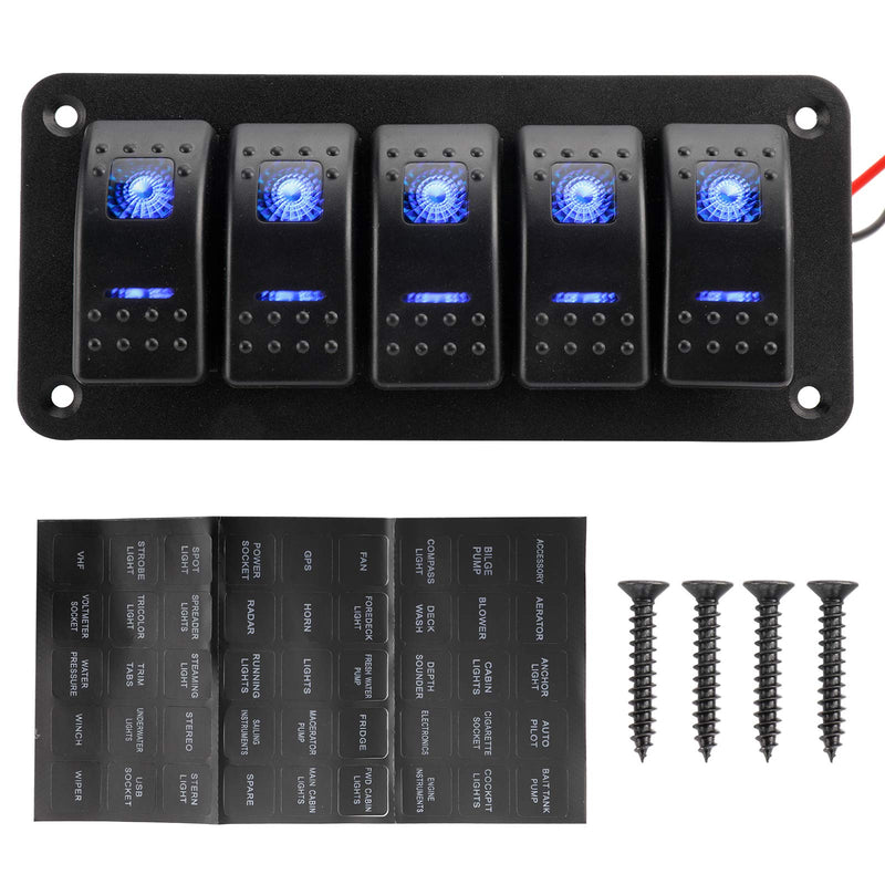 Amarine Made 12-24V Boat Switch Panel Illuminated Rocker Switch Aluminum Pre-wired Panel 2,3,4,5,6,8 Gang Toggle Switches Dash 5 Pin ON/Off 2 LED Backlit for Bus Boat Car Marine Blue LED IP65 (5 Gang)