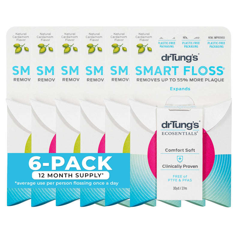DrTung's Smart Floss - Natural Floss, PTFE & PFAS Free Floss, Gentle on Gums, Expands & Stretches, BPA Free Floss - Natural Dental Floss Cardamom Flavor (Pack of 6) 90 Foot (Pack of 6)