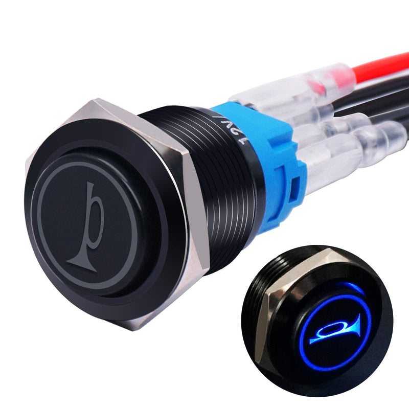 Twidec/16MM Raised Speaker Horn Momentary Push Button Switch 5/8" Mounting Hole 12V Blue Led Light Black Stainless Steel Shell 1NO 1NC SPDT with Pre-wiring Wires Switch For Car Modification BKG16LB-BU BK-blue