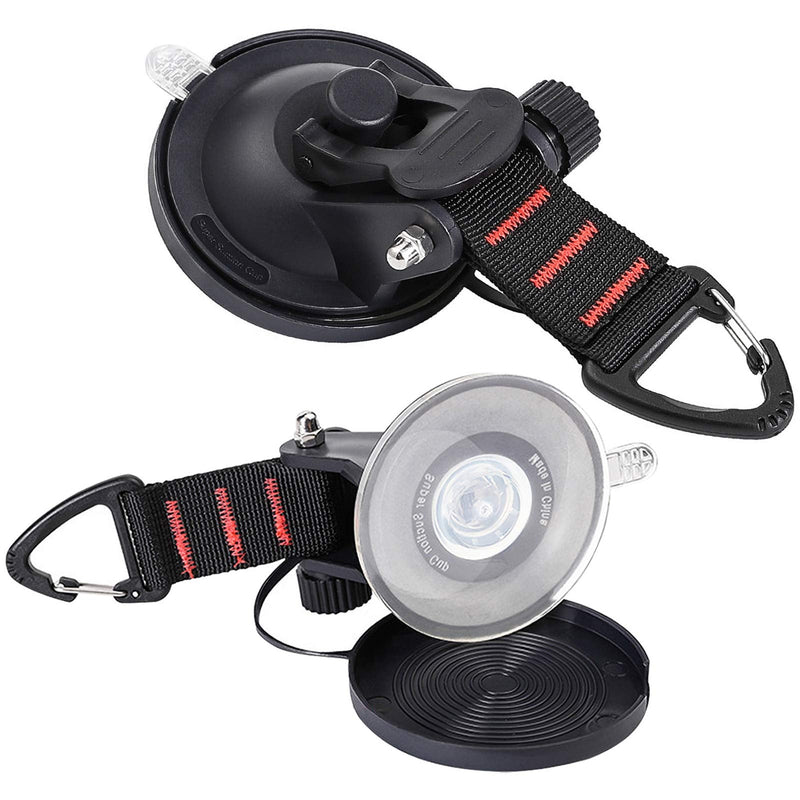 CONBOLA Suction Cups Hooks Heavy Duty Camper Accessories Car Camping Essentials Tie Down 2 Pieces Suction Cup with Securing Hook Strong Power for Car Awning Boat SUV Tent Window Glass.(2 pcs) Classic red line Black-2 Pieces