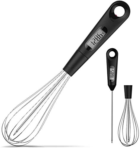 2 in 1 Stainless Steel Whisk Egg Beater & Instant thermometer Probe 12 inch for Cooking Candy, Yogurt, Chocolate, Butter Cream, Sause, Cake