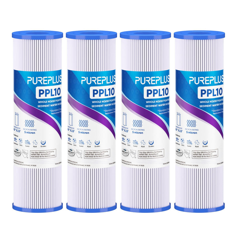 PUREPLUS 5 Micron 10"x2.5" Whole House Pleated Sediment Filter for Well Water, Replacement Cartridge for Universal 10 inch RO System, W50PE, WFPFC3002, SPC-25-1050, FM-50-975, 801-50, WB-50W, 4Pack 4 Count (Pack of 1)