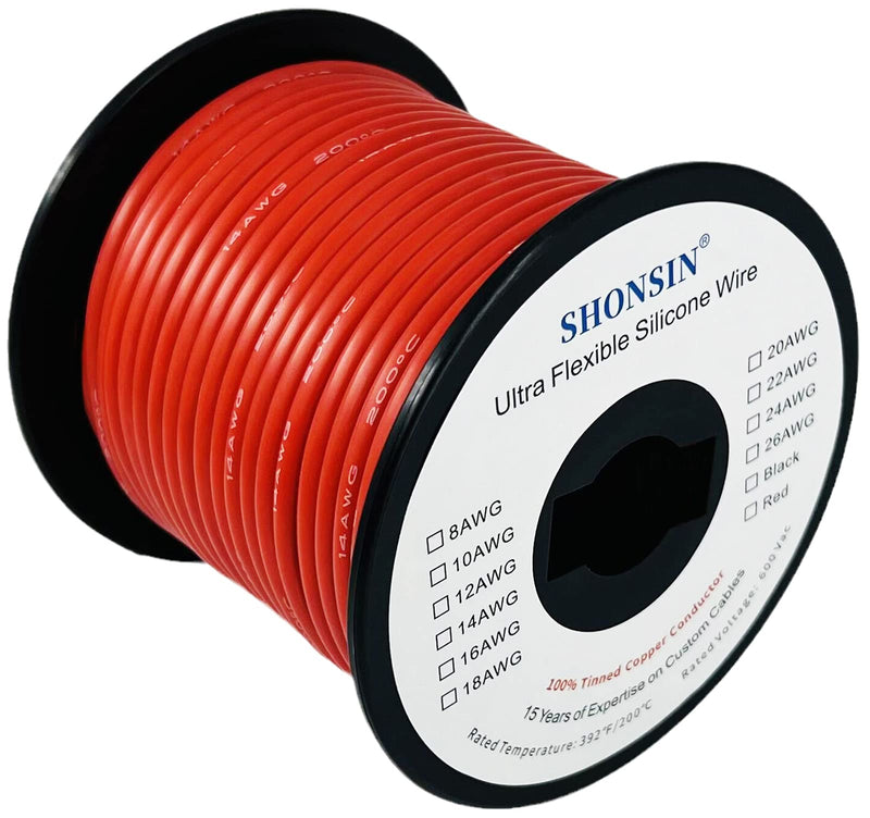 Shonsin 16 Gauge Flexible Silicone Wire 100FT Red 16 AWG Stranded Automotive Wire 252 Strands 0.08mm Tinned Copper Conductor (1.27mm2) Rating 392℉ 600V