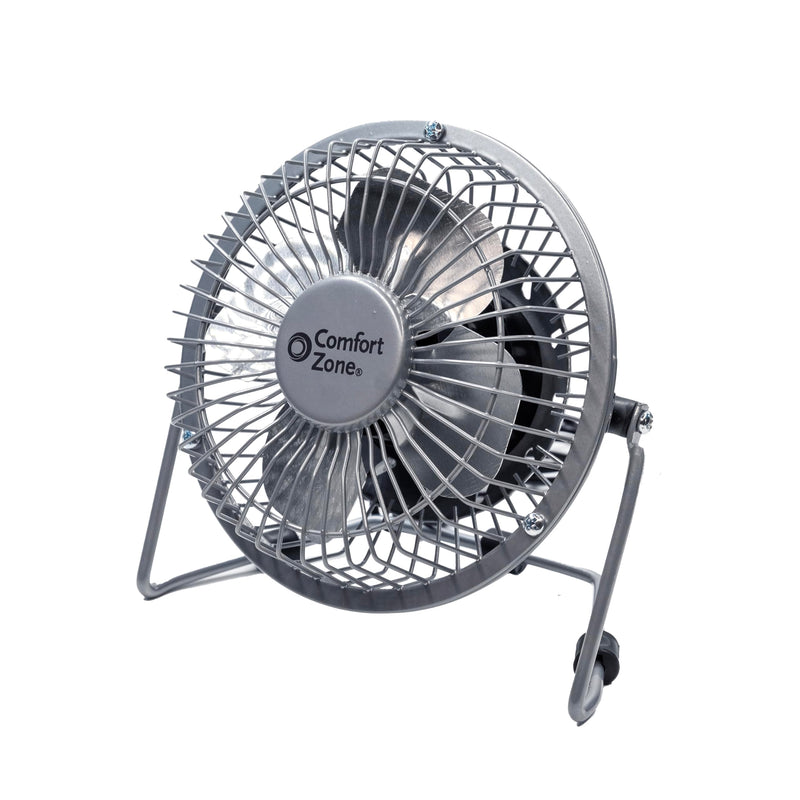  [AUSTRALIA] - Comfort Zone Mini Portable Desk Fan with 360-Degree Adjustable Tilt, Dual Powered (USB or Power Cord), 4 inch, All-Metal Construction, Airflow 3.31 ft/sec, Ideal for Home, Bedroom & Office, CZHV4S Silver
