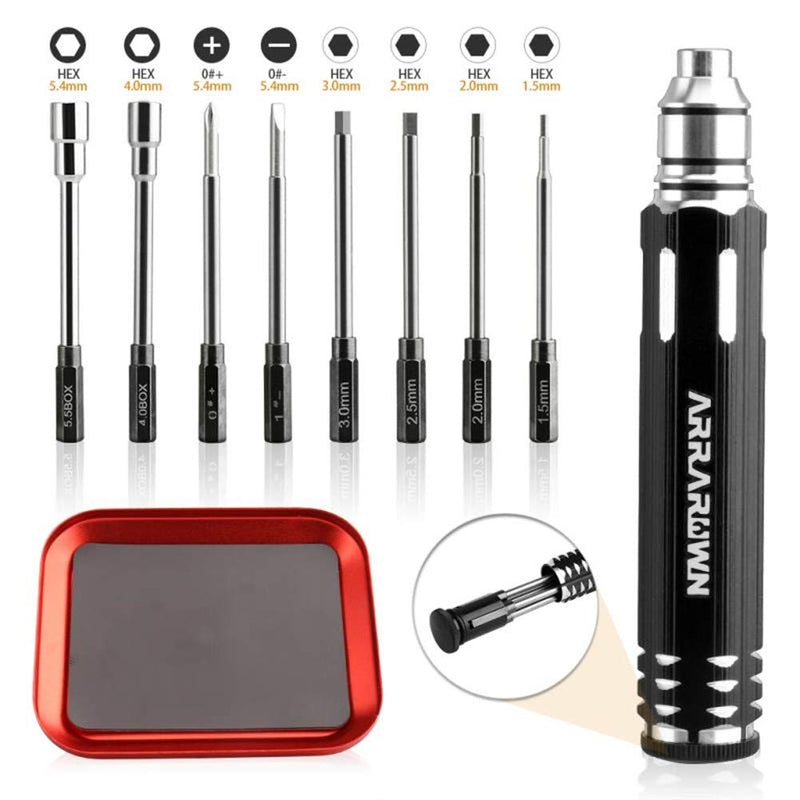 10 in 1 RC Model Repair Tools Kit with 1.5/2.0/2.5/3.0/4.0/5.5mm Hex Screwdrivers Wrench Phillips & Slotted Screwdriver, Metal Tray for RC Cars Helicopter Drone Boat Black With Red Tray