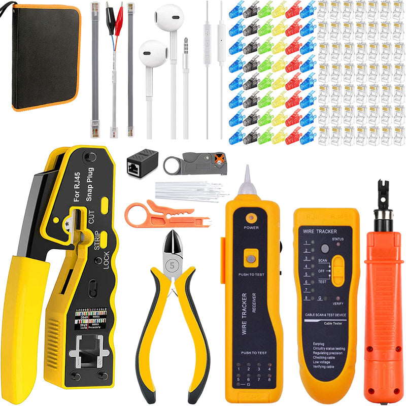 LEATBUY Crimp Tool Set RJ45 Crimper Cat5 Cat5e Cat6 Crimping Tool Kit, 50PCS Pass Through Connectors, 50PCS Covers, Network Cable Tester, Wire Punch Down Cutter (ORANGE) Orange