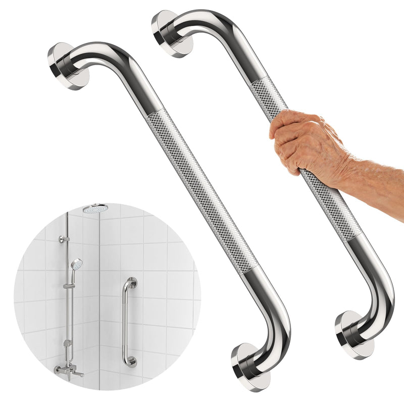 Anti-Slip Chrome Grab Bar 16 Inch, iMomwee 2 Pack Stainless Steel Bathroom Grab Bar w/Knurled Grip, Safety Shower Grab Bar for Wall, Toilet Balanced Support Bar Bathtub Assist Handle for Elderly 16 inch (Pack of 2) chrome with textured grip