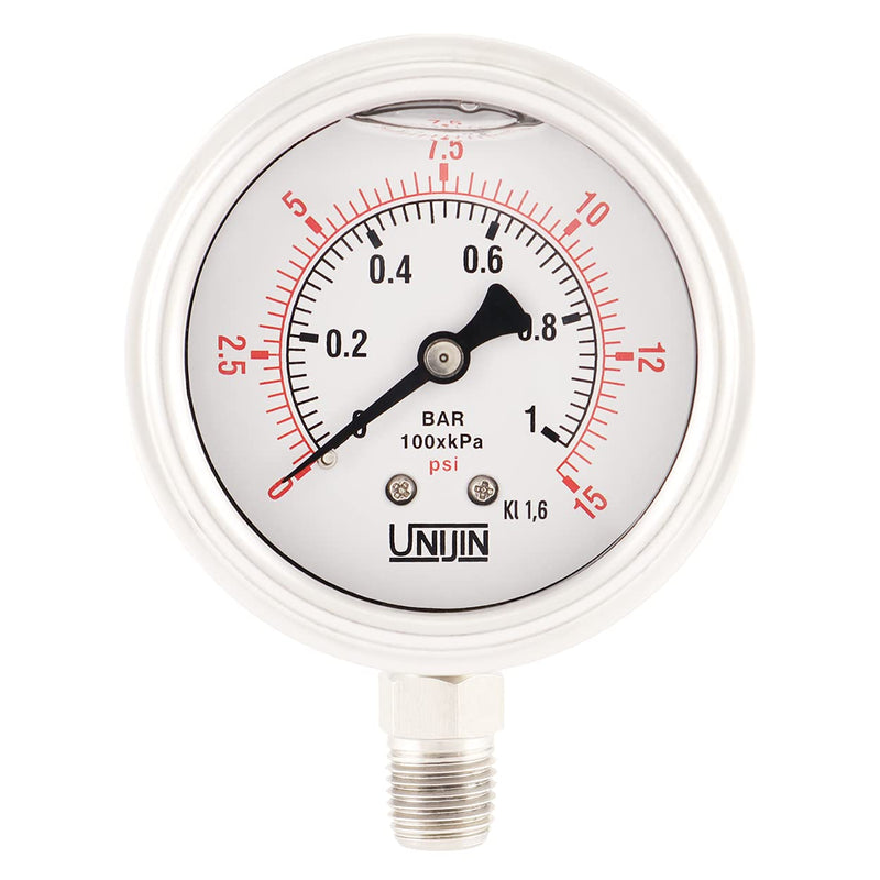 P255 Series 2.5" Dial, Oil Filled Full Stainless Steel Pressure Gauge, 0-15 PSI/kPa, ±1.6% Accuracy, 1/4" NPT, Bottom Mount