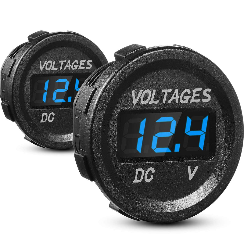 BBTO 2 Pieces DC 12V Car Voltage Gauge LED Display Waterproof Voltmeter Digital Round Panel Voltmeter Compatible with Vehicle Motorcycle Truck Camper ATV UTV Car Boat Marine (Blue Digital) Blue Digital