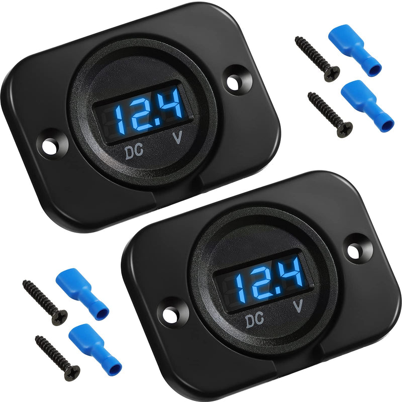 BBTO 2 Pcs DC 12V 24V Waterproof Car Voltmeter with LED Digital Display Panel and Mounting Plate Round Voltage Gauge Meter with Terminal for Boat Marine Vehicle Motorcycle Truck ATV UTV (Blue Light) Blue Light