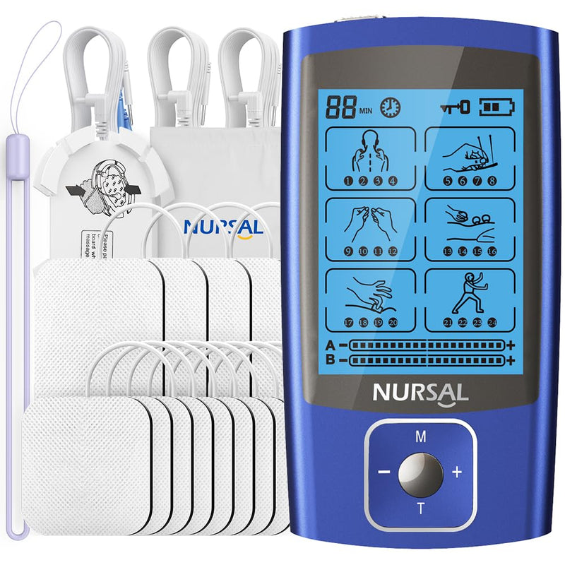 NURSAL TENS EMS Unit Muscle Stimulator for Pain Relief Therapy, Electric 24 Modes Dual Channel TENS Machine Pulse Massager with 12 Pcs Electrode Pads/Continuous Stable Mode/Memory Function Blue