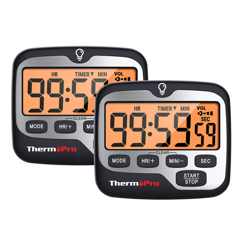 ThermoPro TM01(2 Pack) Kitchen Timers for Cooking with Count Up Countdown Timer, Digital Timer for Kids with Touch Backlit, Study Timers for Classroom Teacher Supplies Silver 2 pack