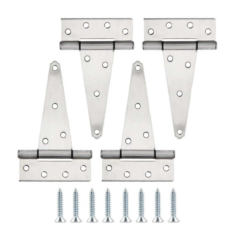 HOME MASTER HARDWARE 6 Inch Stainless Steel Gate Hinges for Wooden Fences Heavy Duty Tee Hinges,Shed Door Hinge,T-Strap Hinge for Outdoor Barns Gate with Screws 4 Pack 6" - 4pack