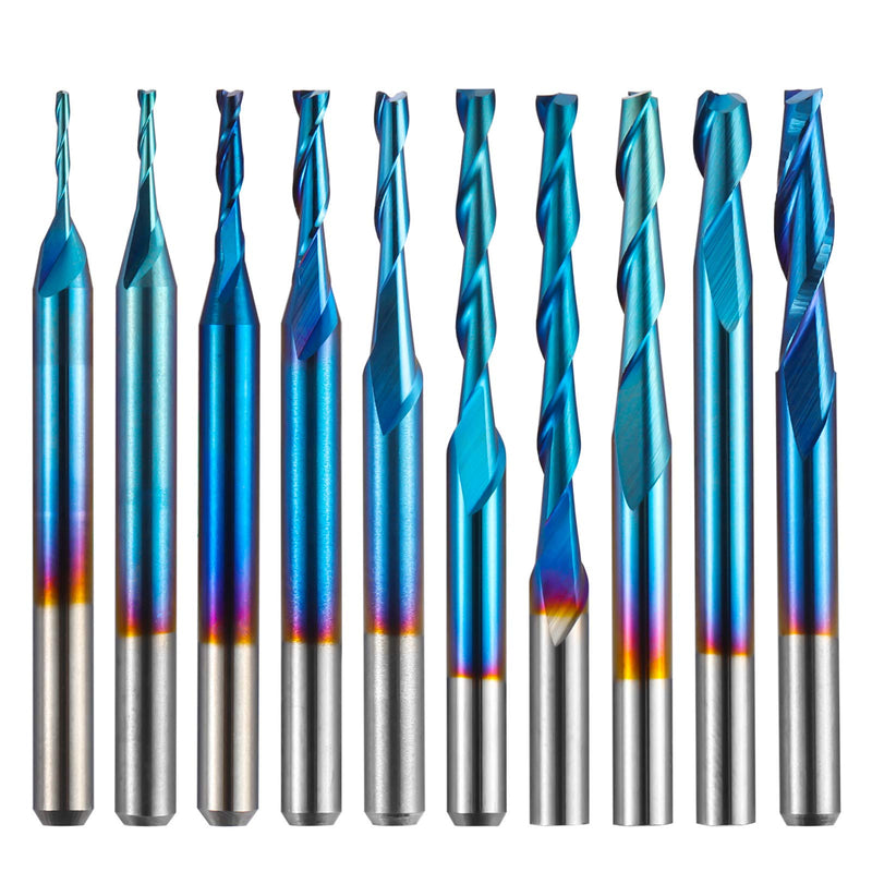 Genmitsu 10pcs 2-Flute Nano Blue Coat Flat Nose Spiral End Mill, 1/8'' Shank, 1.0mm-3.175mm Cutting Diameter, CNC Router Bits for Wood Working Acrylic MDF PVC ABS, FN10A