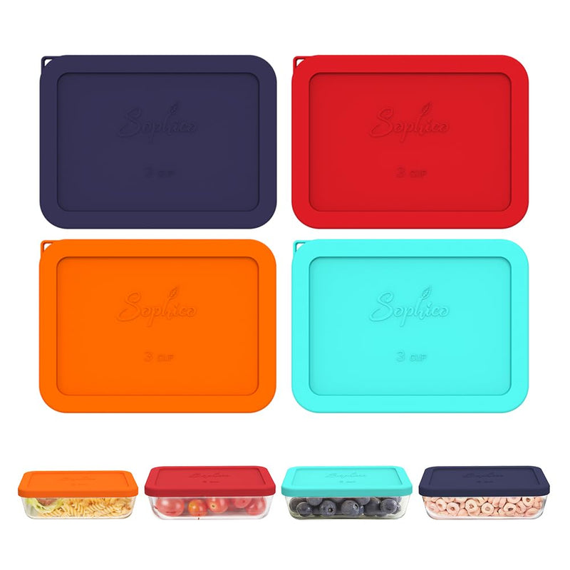 Sophico 3 Cup Rectangle Silicone Storage Cover Lids Replacement for Pyrex 7210-PC Glass Bowls, Container not Included (MIX, 4 Pack) MIX