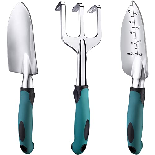 FANHAO Garden Tools Set, 3 Piece Heavy Duty Gardening Tools Cast Aluminum with Soft Rubberized Non-Slip Handle, Durable Garden Hand Tools Garden Gifts for Men Women Teal