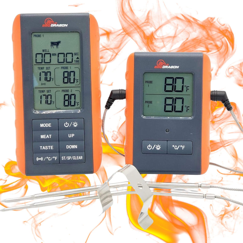 BBQ Dragon Instant Read Grill Thermometer - Wireless Meat Thermometer, Smoker Thermometer, 2 Probes, BBQ Temperature Probe, Meat Thermometer for Grill, Oven Safe 2-Probe