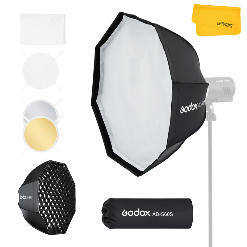 Godox AD-S60S Softbox, Portable Godox Mount Softbox, 60cm/23.6inch Soft Box with Grid for AD400 Pro II AD300 Pro Strobe Flash and ML60 ML60Bi ML60II Bi ML100R ML100Bi LED Light