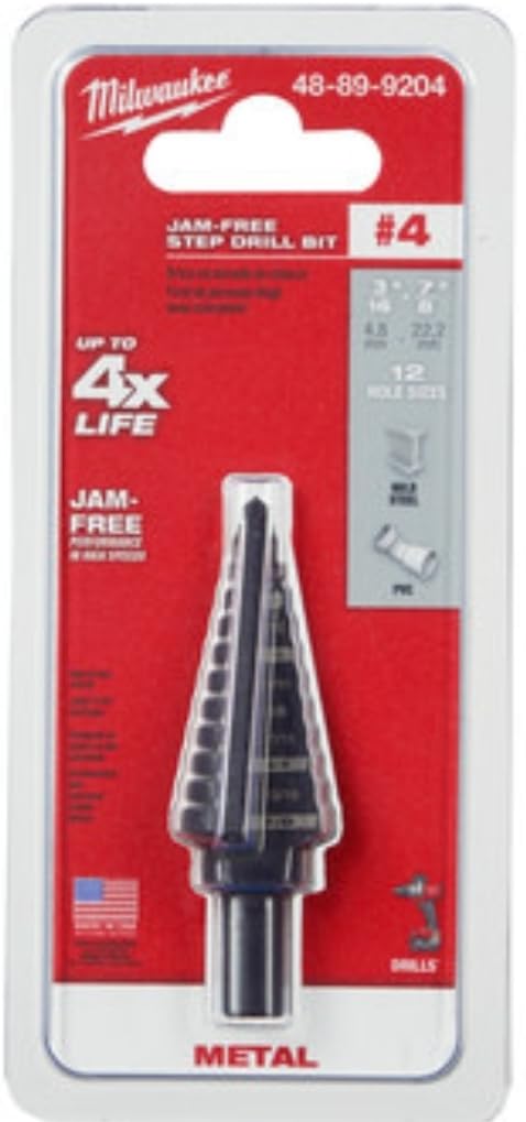 Milwaukee #4 Step Drill Bit, Black Oxide, 3/16 in. to 7/8 in., 12-Steps, Jam-Free, Metal Drilling