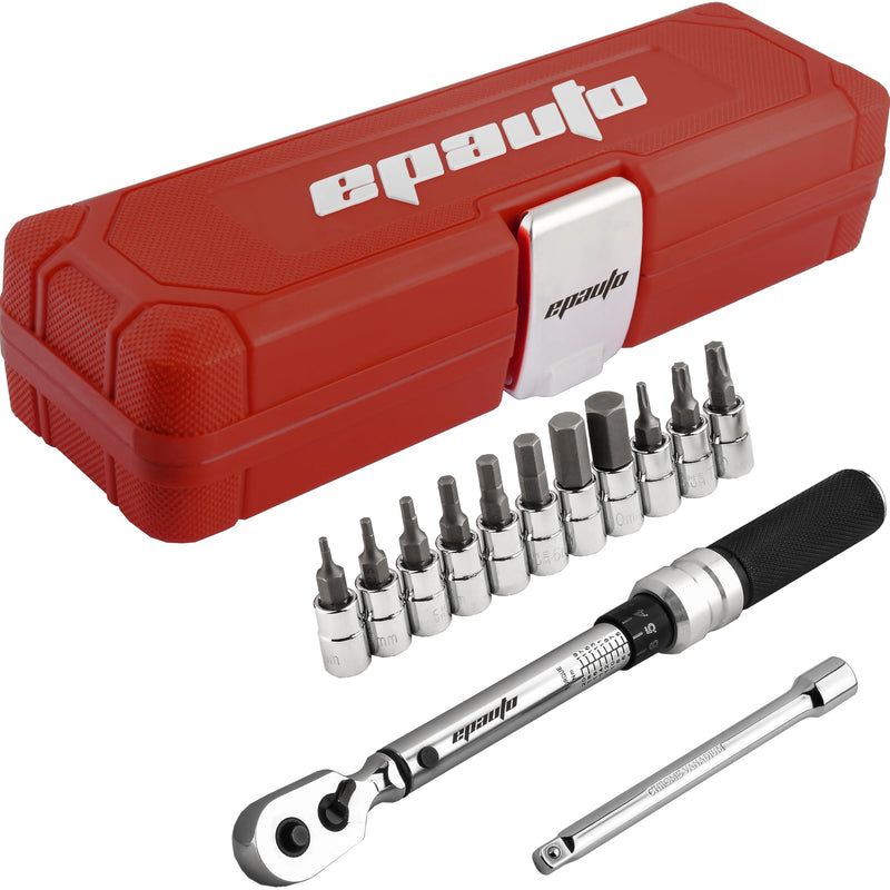 EPAuto Bike Tool 1/4 Inch Drive Click Torque Wrench Set (2 to 20 Nm), Hex/Torx Bit Socket Extension Bar Bicycle Maintenance Kit Chrome Satin