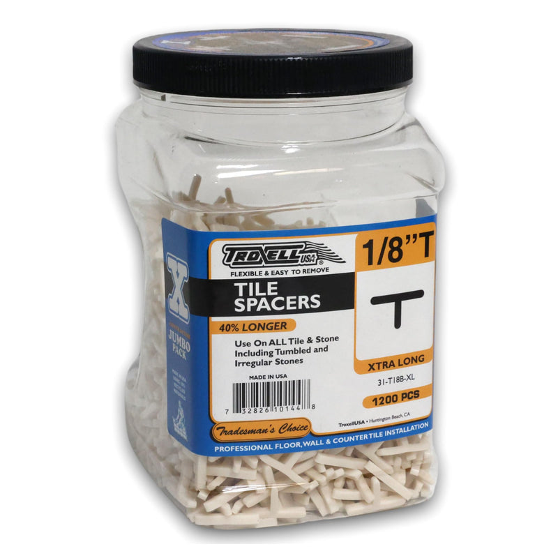 TroxellUSA Daddy Long Leg Tee 1/8 inches Tile Spacer 1200 Pieces - Reusable Jar, 31-T18B-XL