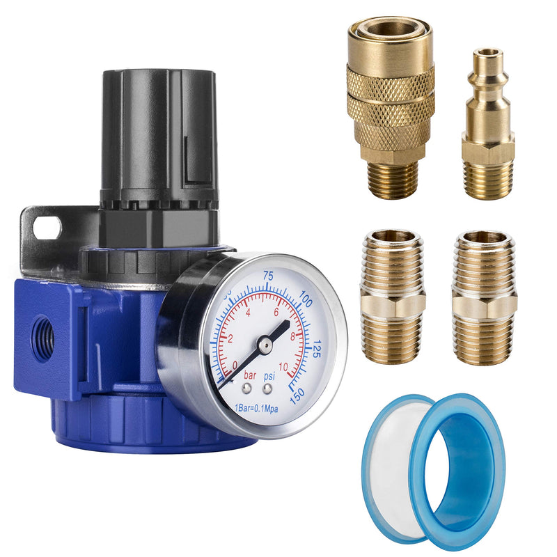 NANPU 1/2" NPT Compressed Air Regulator, Zinc Alloy Body, 150 psi Copper Core Steel-Protected Dial Gauge ＆ Metal Bracket, for Air Compressor ＆ Pneumatic Tools