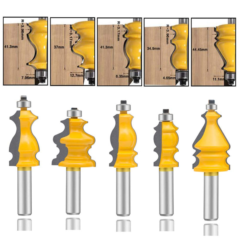 LEATBUY Router Bit Set 5 PCS 1/2-Inch Shank Architectural Molding Corner Round Edge Door Cabinet Shelf Wood Table Woodworking Mill Cutter Tool, Carbide CNC Router(PB7) PB7