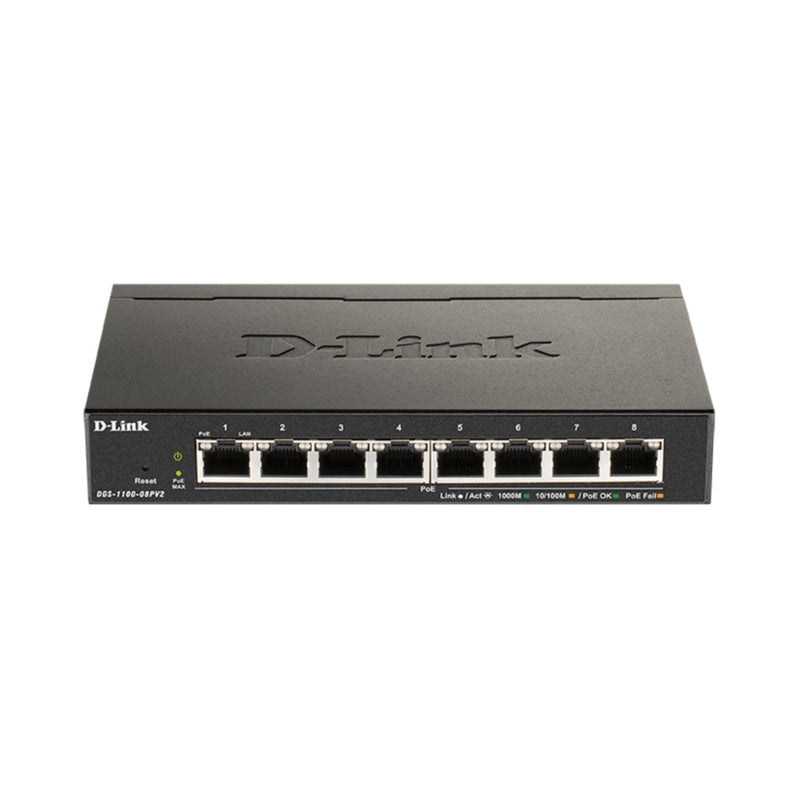 D-Link 8-Port Gigabit Smart Managed PoE+ Switch —8 PoE+ Ports (64W)—L2—VLANs—Cable Diagnostics —Web Managed —Desktop —Fanless—NDAA Compliant —Lifetime Protection (DGS-1100-08PV2)