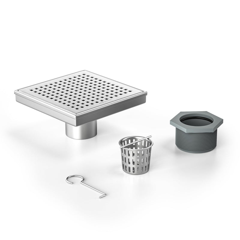 Square Shower Drain 6", 304 Stainless Steel Floor Drain w/Hair Strainer, Grid Shower Drain w/CUPC Certified, Brushed 6 Inch