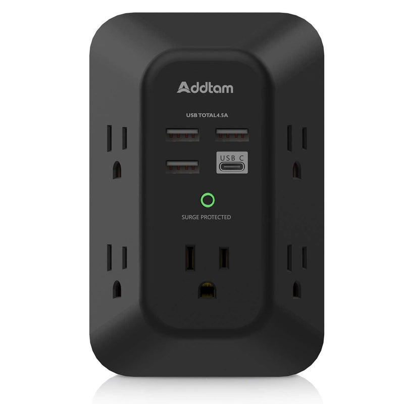  [AUSTRALIA] - USB Wall Charger Surge Protector - Addtam 5 Outlet Extender with 4 USB Charging Ports (1 USB C), 3-Sided 1800J Power Strip Multi Plug Outlets Adapter Widely Spaced,Black 1C3A