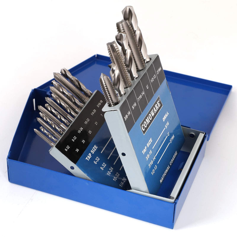 COMOWARE Drill and Tap Sets, HSS Jobber Length Drill Bits with Metal Indexed Case | 18-Piece, 6-32 to 1/2"-13 Tap Sizes UNC 18Pcs