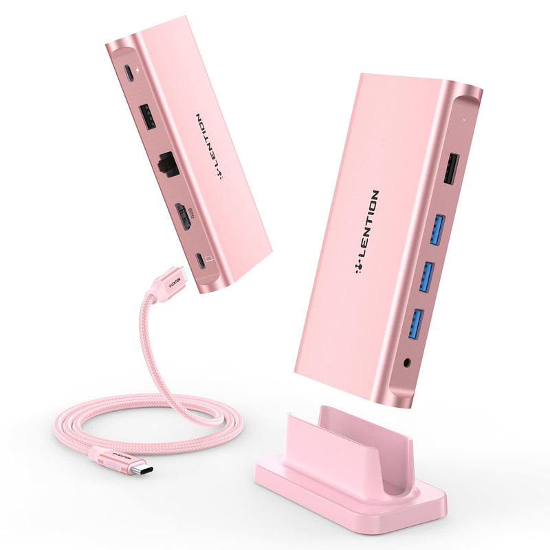 LENTION USB C Docking Staion 4K@60Hz, Ethernet, 5xUSB Ports, 100W PD, Audio | 9 in 1 Dock, 3.3ft Long Cable, Detachable Design, No Driver, Compatible with macOS, Windows & ChromeOS (D53, Rose Gold)