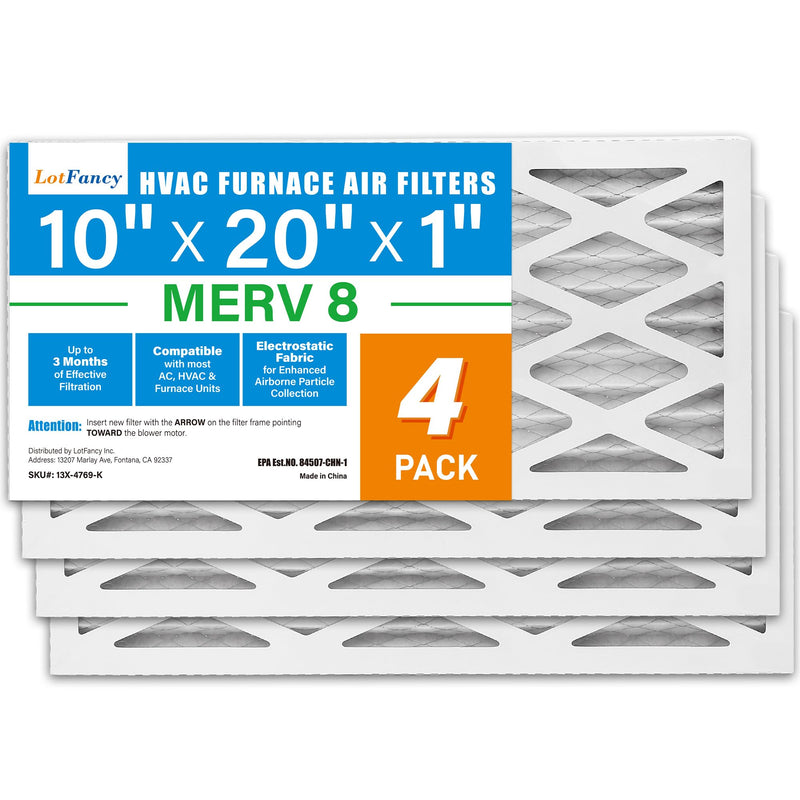 LotFancy 10x20x1 Air Filter MERV 8 4-Pack, Actual Size: 9.75"x19.75"x0.75",Pleated Furnace & AC Filter Replacement, Captures Dust, Pet Hair, Pollen MERV 8 4pcs