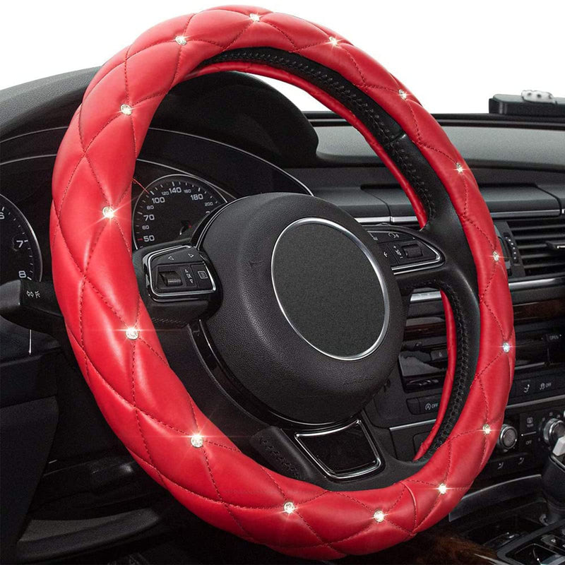  [AUSTRALIA] - Xizopucy Red Steering Wheel Cover, Leather Car Steering Wheel Cover, Crystal Rhinestones Anti-Slip Soft Accessories for Women and Girl Universal Fit 14.5-15 Inch . .Red..