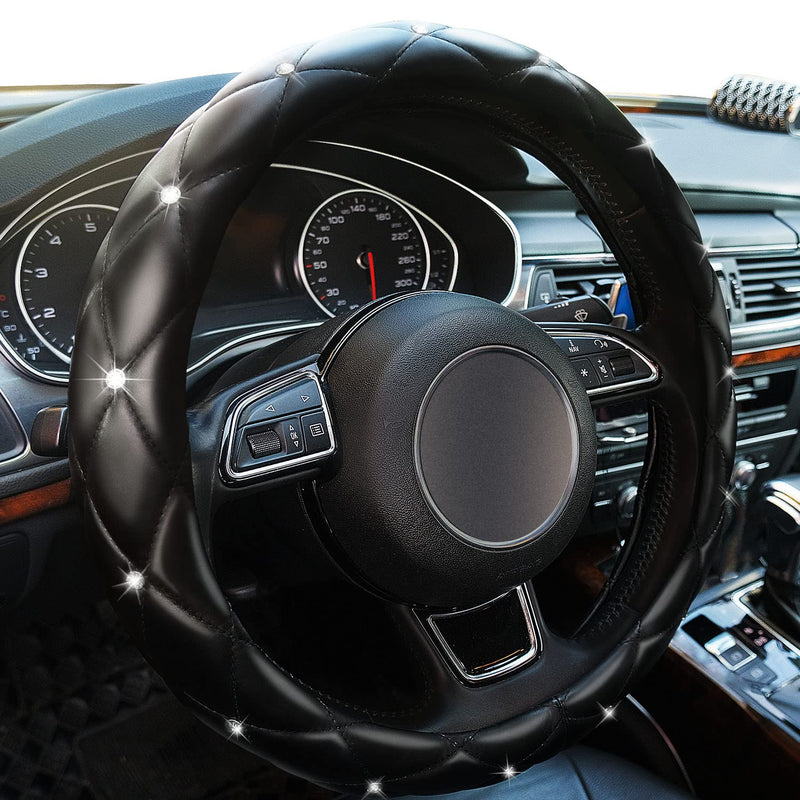 Xizopucy Diamond Leather Bling Steering Wheel Cover, Universal Car Steering Wheel Protector with Crystal Rhinestones Anti-Slip Soft Interior Accessories for Women and Girl Fit 15 inch -Black Black