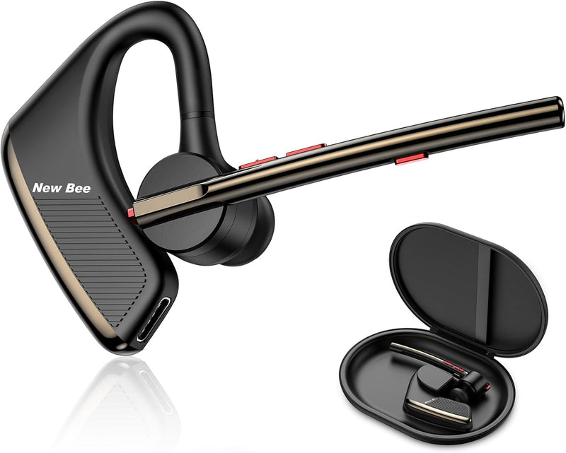 New Bee Bluetooth Earpiece V5.2 Wireless Headset 24Hrs Talktime Black | CVC8.0 Dual Mic, Noise Cancelling, iPhone/Android/Driver/Business/Office