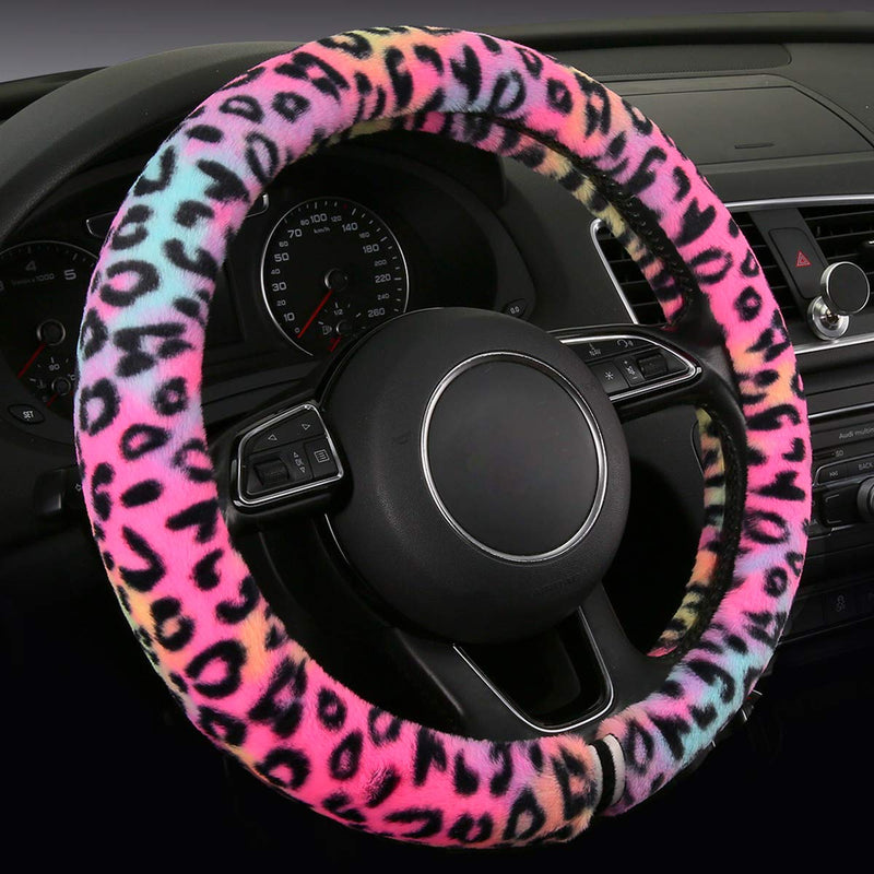 HEHA Fluffy Steering Wheel Cover for Women,Girly,Fuzzy Steering Decor,Plush, Leopard Print,Sweat-Absorb,Universal 15 Inch,Red (Fluffy-Leo) FLUFFY-LEO