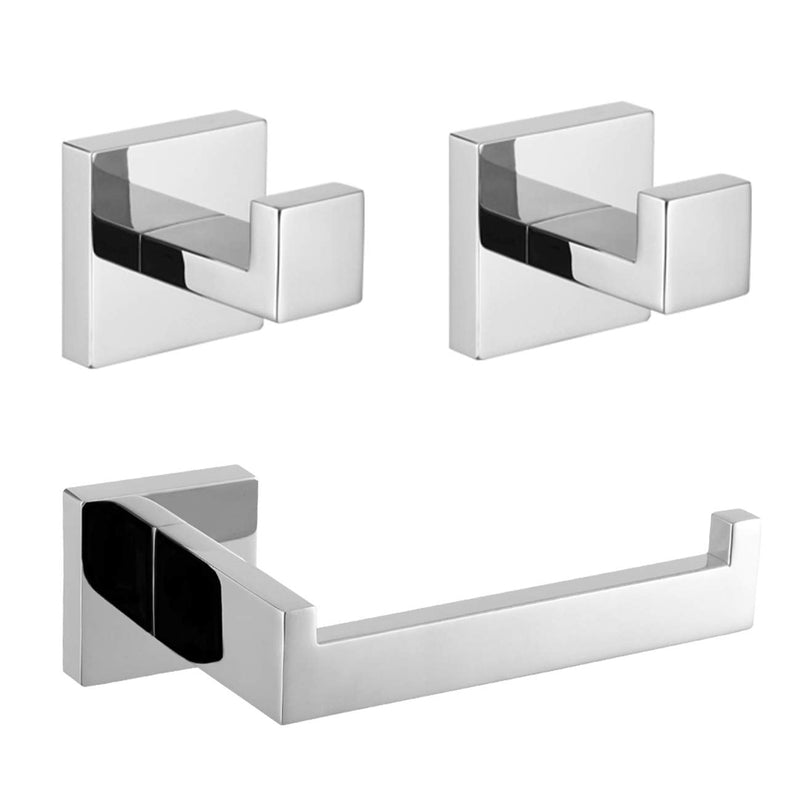 Bathroom Hardware Set 3-Pieces Set Polished Stainless Steel Squear Wall Mounted - Includes Hand Towel Ring, 2X Robe Towel Hooks, Bathroom Accessories Kit