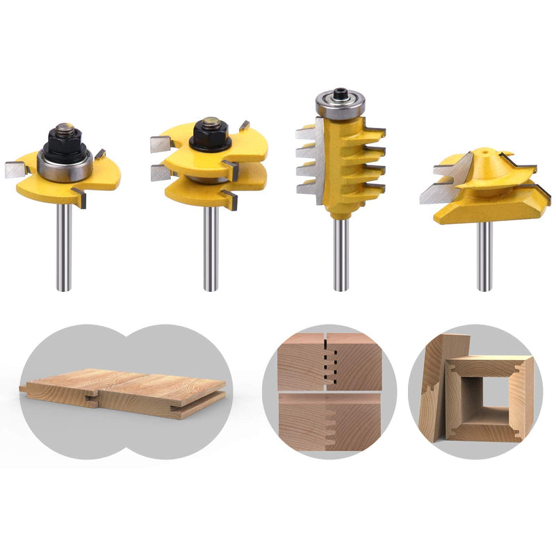 45 Degree Lock Miter Router Bit & T Shape Tongue and Groove Bit & Finger Joint Bit 1/4 Inch Shank Woodworking Milling Cutter Tool 4-Piece Set Splicing Router Bit Set 1