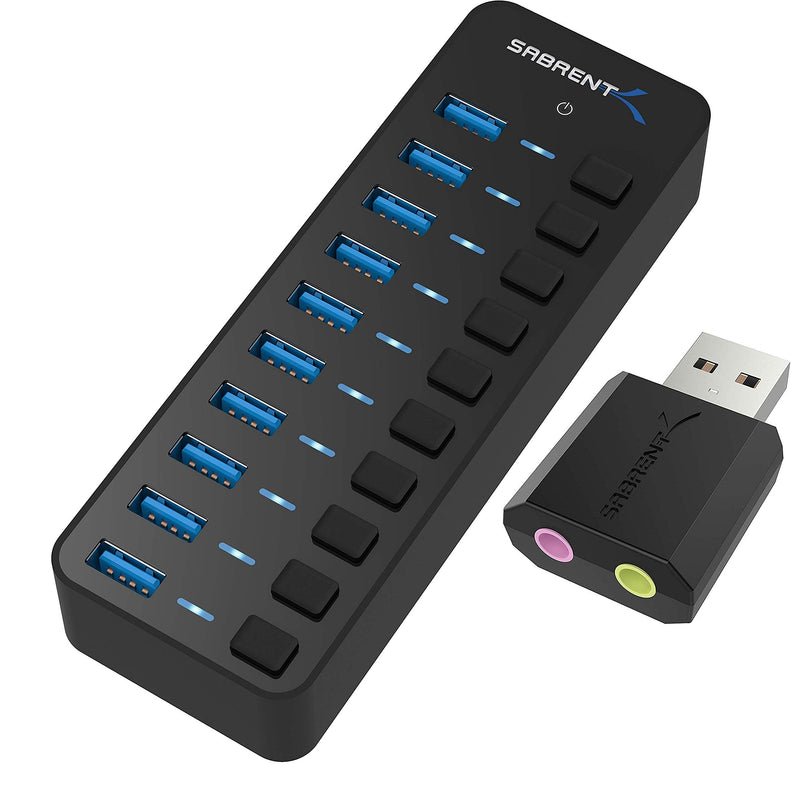 10 Port 60W USB 3.0 Hub with Individual Power Switches and LEDs Includes 60W 12V/5A Power Adapter+USB External Stereo Sound Adapter for Windows and Mac. Plug and Play No Drivers Needed