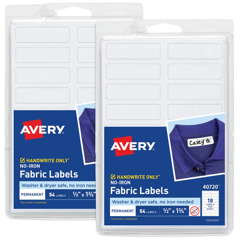 Avery No-Iron Fabric Labels, 1/2" x 1-3/4", Washer and Dryer-Safe, White, Non-Printable, 54 Labels Per Pack, 108 Total (2-Pack of 40720) 1/2" x 1-3/4"
