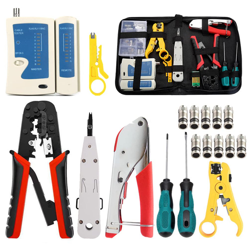 Network Tool Kit Professional Coax Crimper Tool Kit Coaxial Compression Stripping Tool Set Crimper Krone Punch Down Tool in a Zipper Case