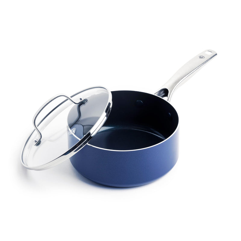 Blue Diamond Nonstick 2QT Saucepan with Lid, Non Toxic PFAS-Free Diamond Ceramic, Dishwasher & Oven Safe, Metal Utensil Safe Pot, Stay Cool Handle, Chef Pan, Glass Lid, Blue 2 Quart Saucepan